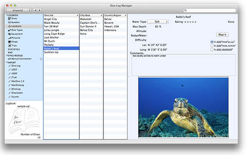 Dive Log Manager Dive Site Information