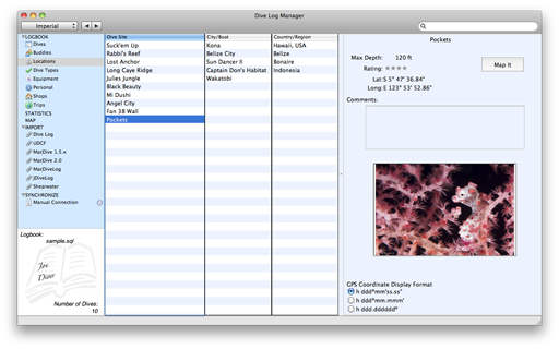 Dive Log Manager Dive Site Information